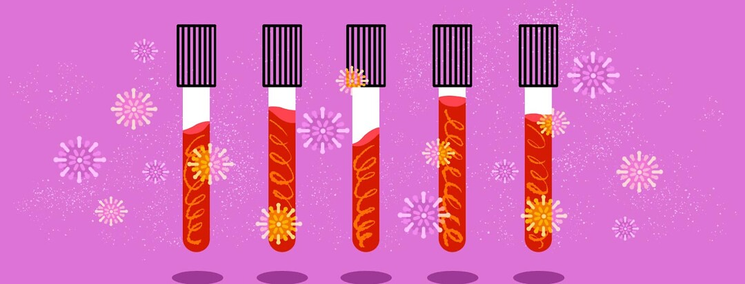 Test tubes, vials of blood samples, red liquid in a row surrounded by flowers, germs, fireworks, starbursts. Hope, optimism, blood tests.
