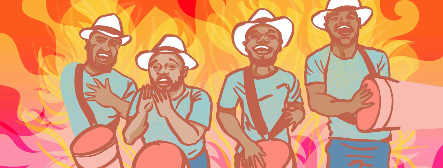 a group of men playing drums with flames behind them