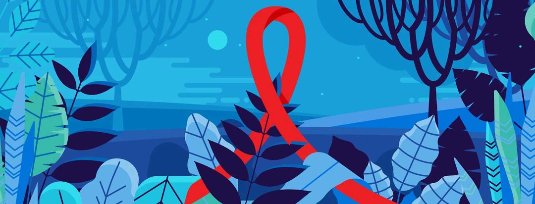 a red HIV awareness ribbon is engulfed in leaves and overgrowth