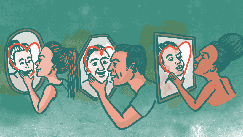 three people looking into a mirror with a heart drawn on it and smiling at themselves. 