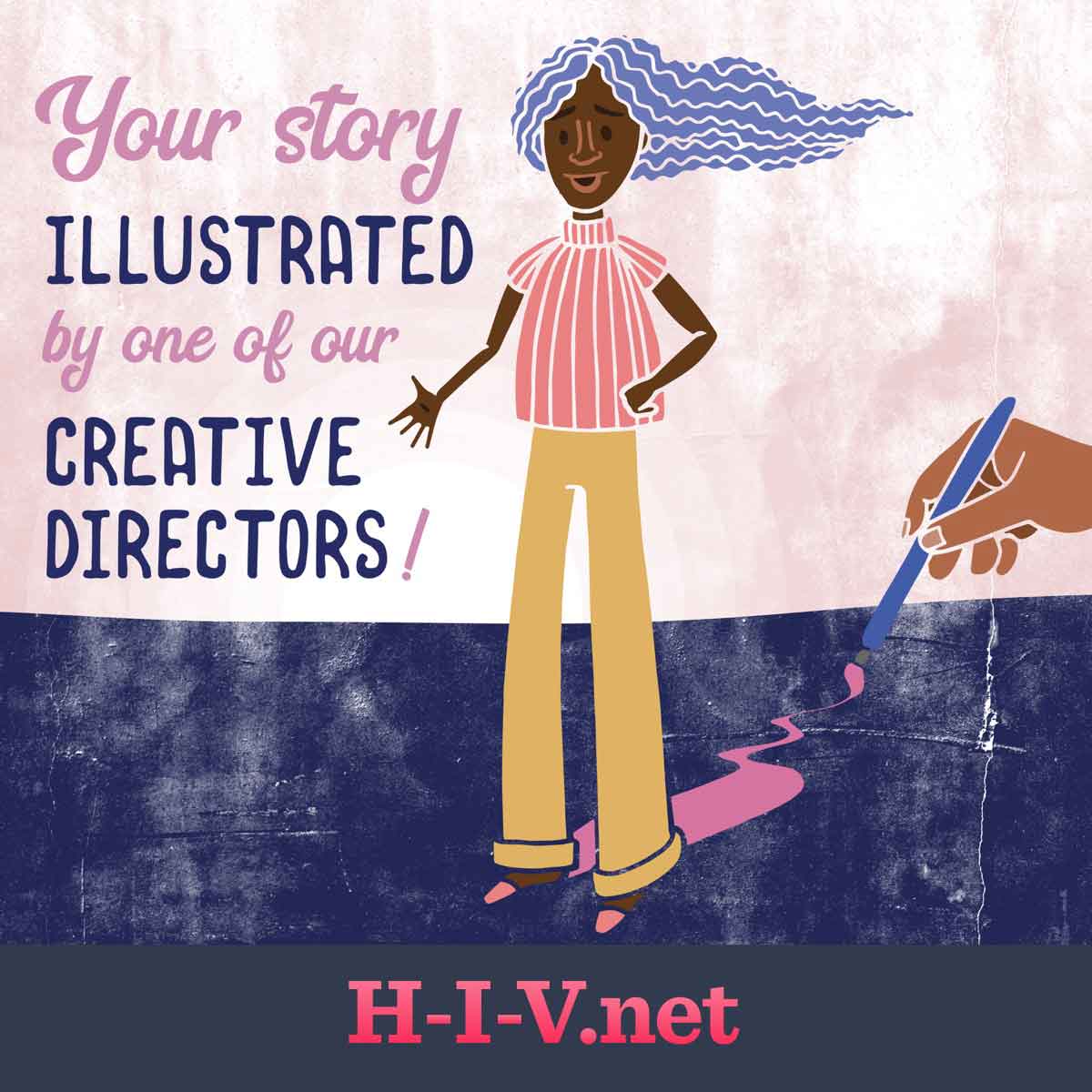 a woman with her path being painted by a giant hand, text next to her reads "your story illustrated by one of our creative directors!"