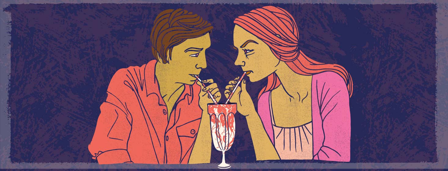 a man and a woman stare at each other angrily while sharing a milkshake
