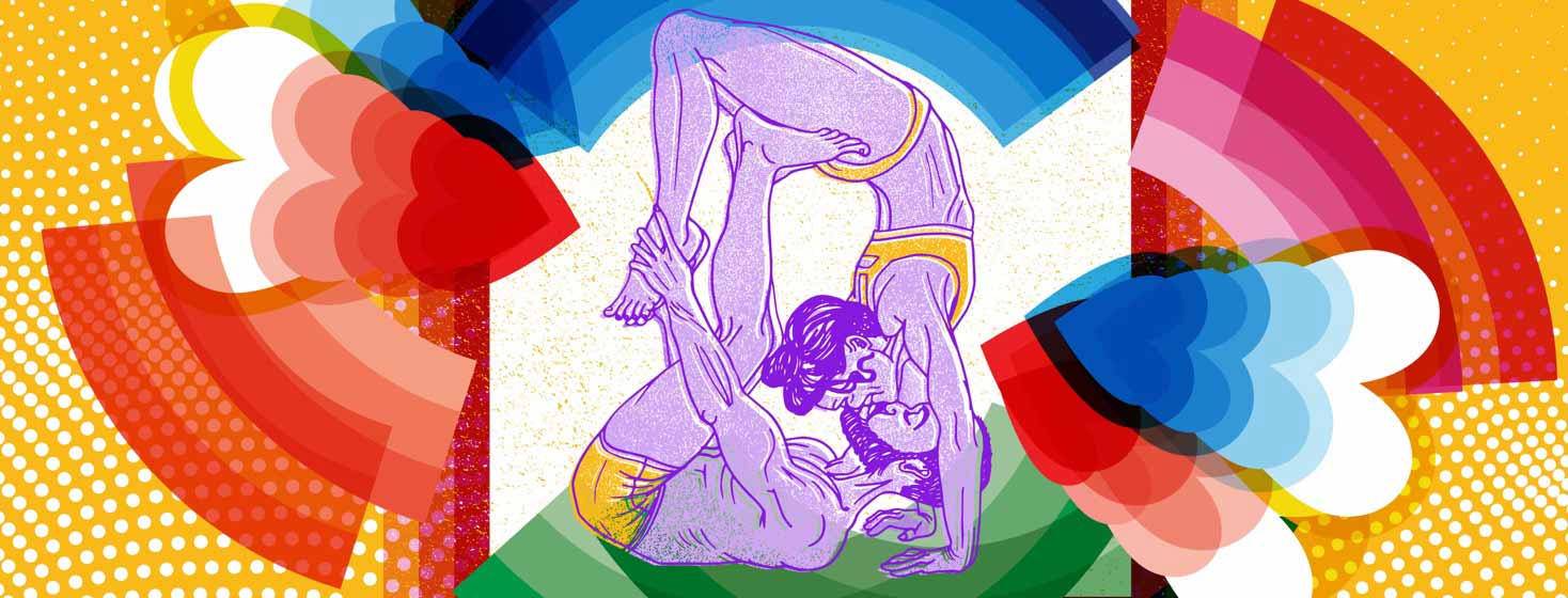 a couple doing acroyoga surrounded by hearts