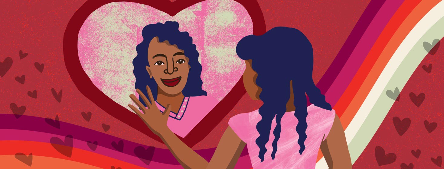 a woman with HIV smiles at herself in a heart shaped mirror while a rainbow glows behind her
