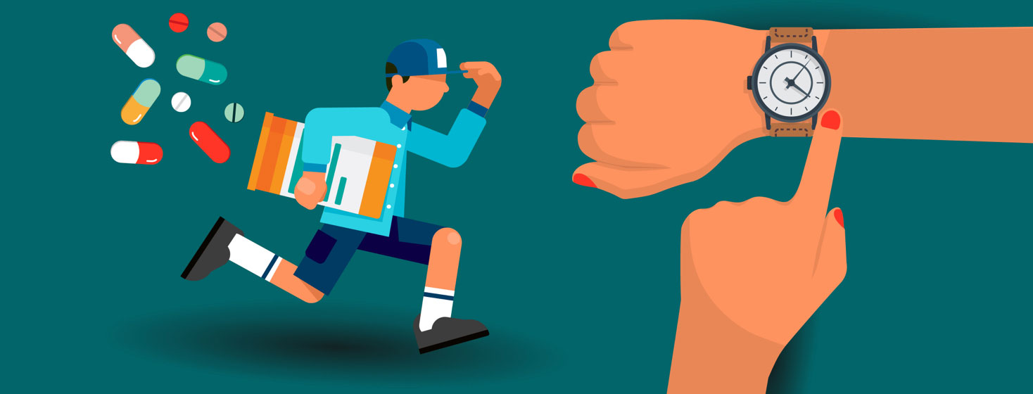 a mailman running with a giant pill bottle spilling pills behind him. In the foreground is a set of hands checking a watch.