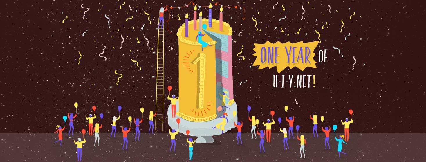 a giant cake is decorated by tiny people, text says "one year of HIV.net"