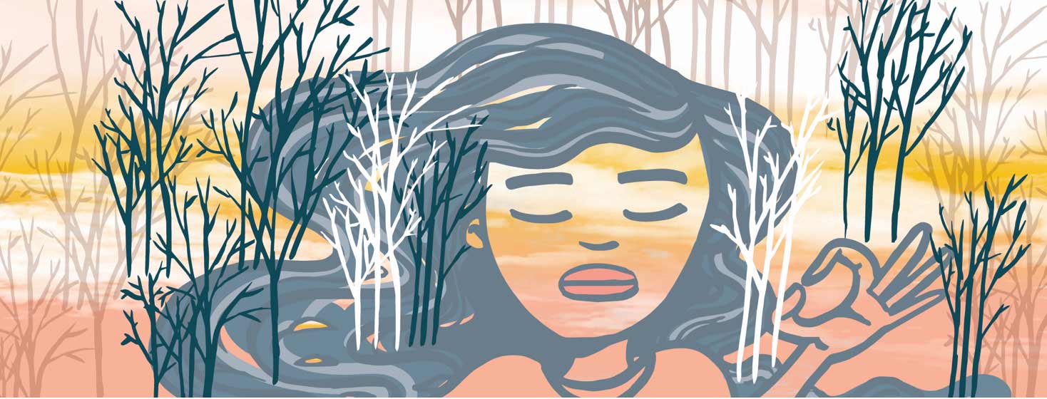 a woman meditating with trees and a river flowing through her hair