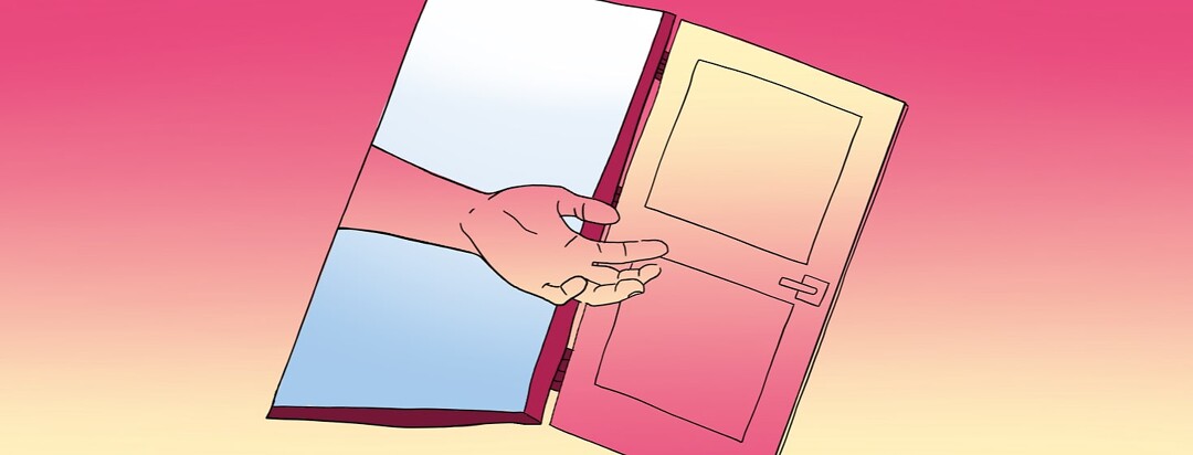 Hand reaching through an open door