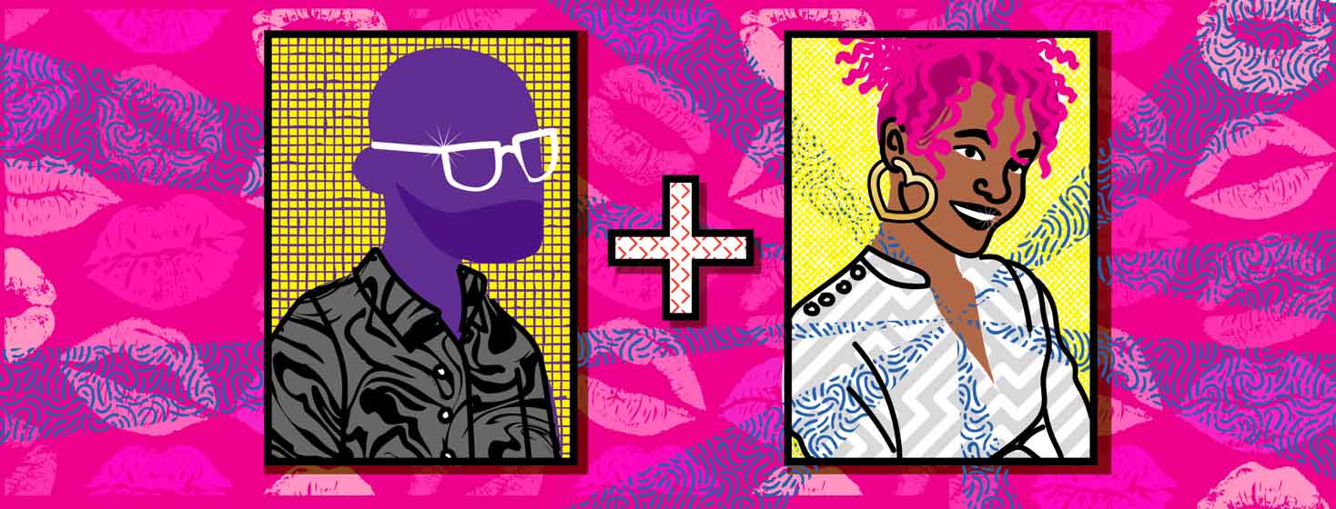 two dating profile images. The left one is a male in silhouette and the right one is a smiling woman with pink hair. Her heart radiates a blue swirly pattern. The background is a pattern of lipstick kiss marks