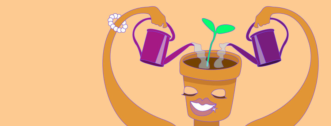 A woman with a potted plant watering herself to grow healthy