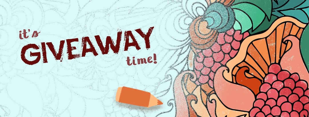 A colored pencil colors in an abstract design with the text "it's giveaway time"