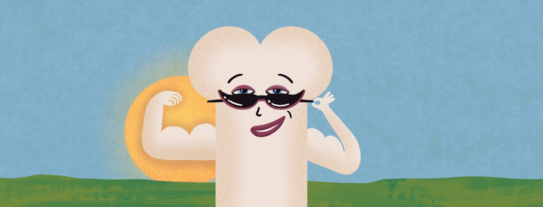 A bone is personified flexing their strong muscles and lowering their glasses with a smirk on their face.