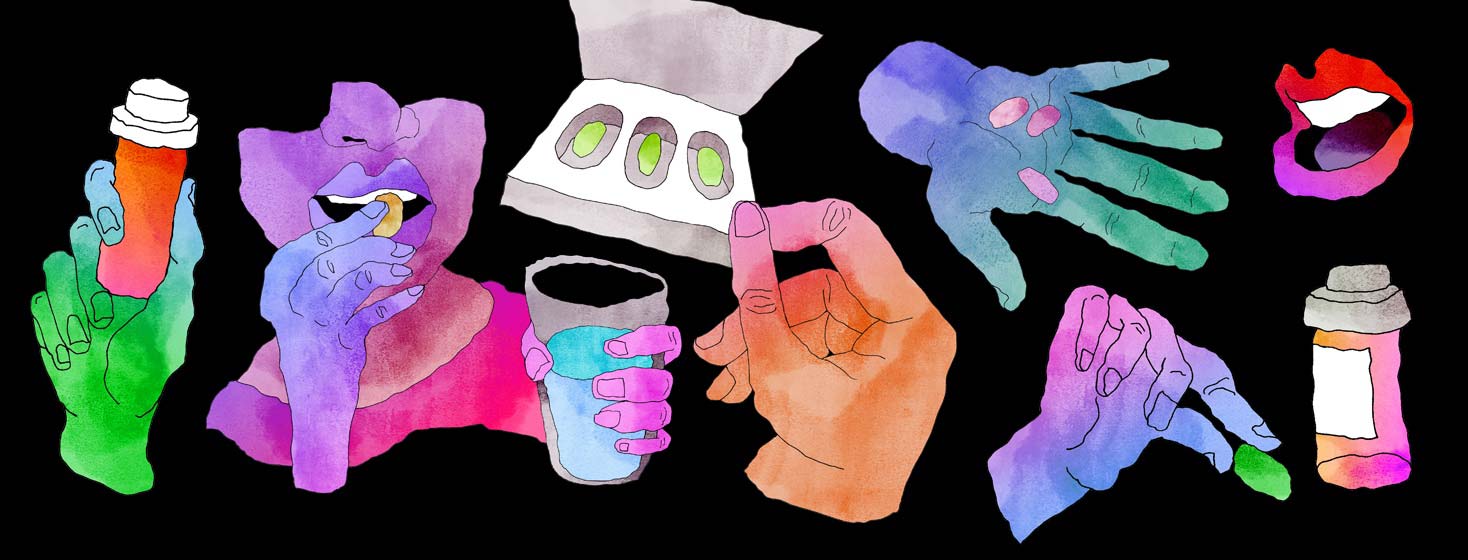 several water color hands and mouths are holding pills and taking pills