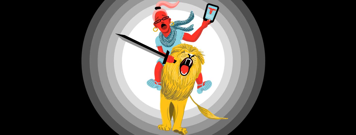 a woman riding a lion carries an ipad with health information and a sword