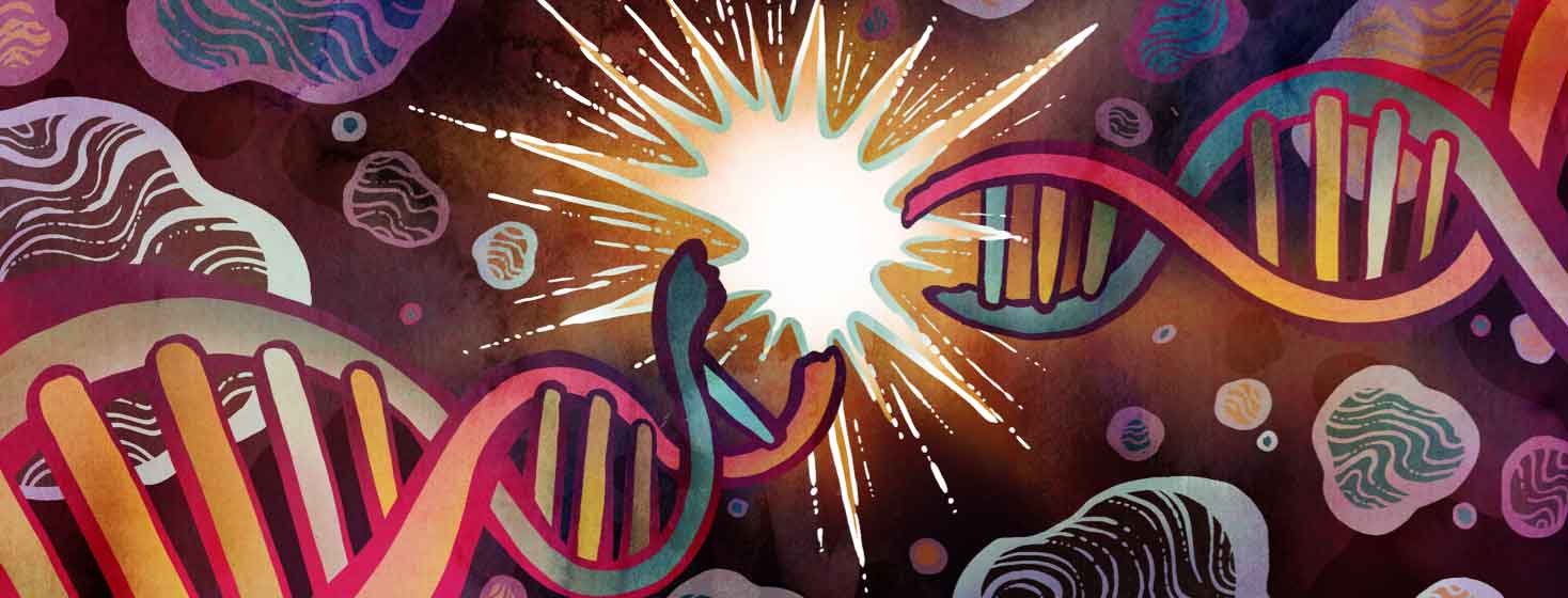A strand of DNA being busted apart in a flash of light