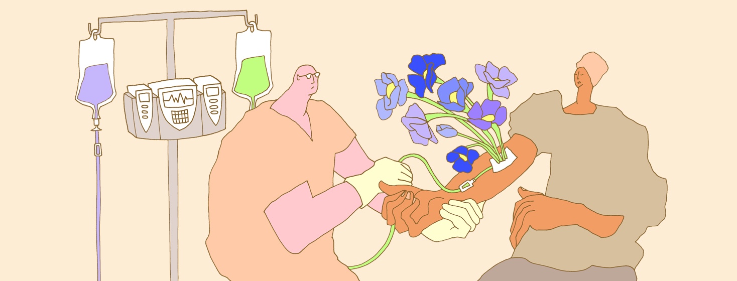 woman getting a stem cell transplant and flowers blooming at the contact site