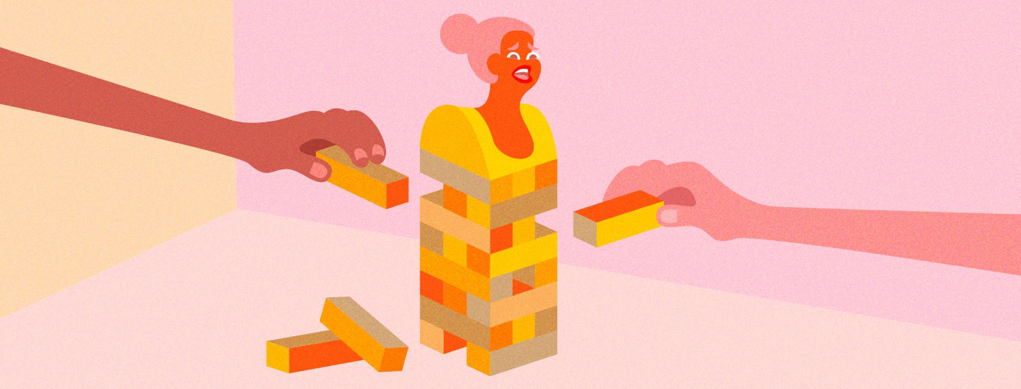 a woman is composed of jenga blocks, a metaphor for HIV self-esteem