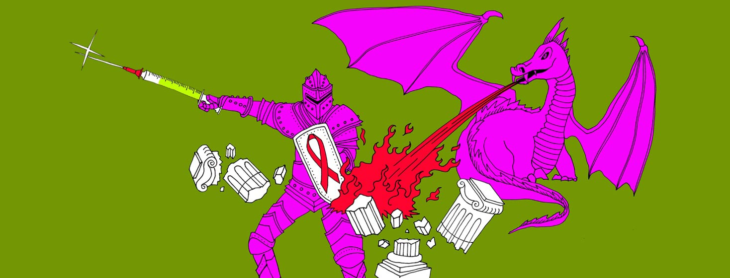 a knight fights off a dragon with a vaccine