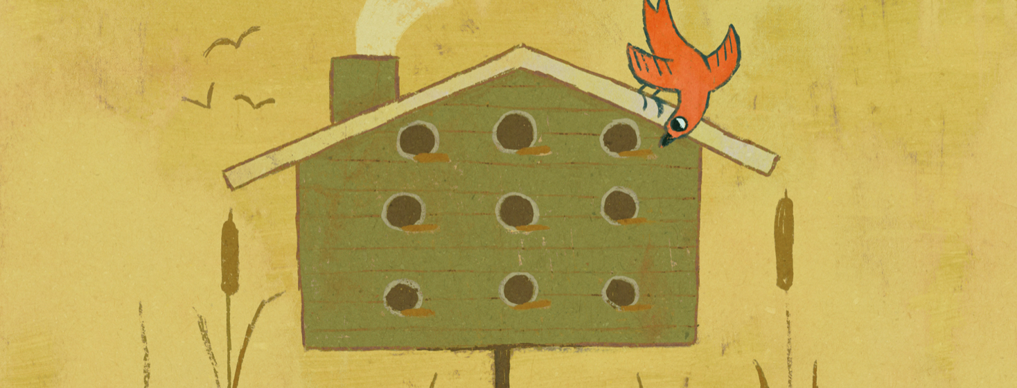 A bird looks down at a large birdhouse full of many rooms. All of them are empty.