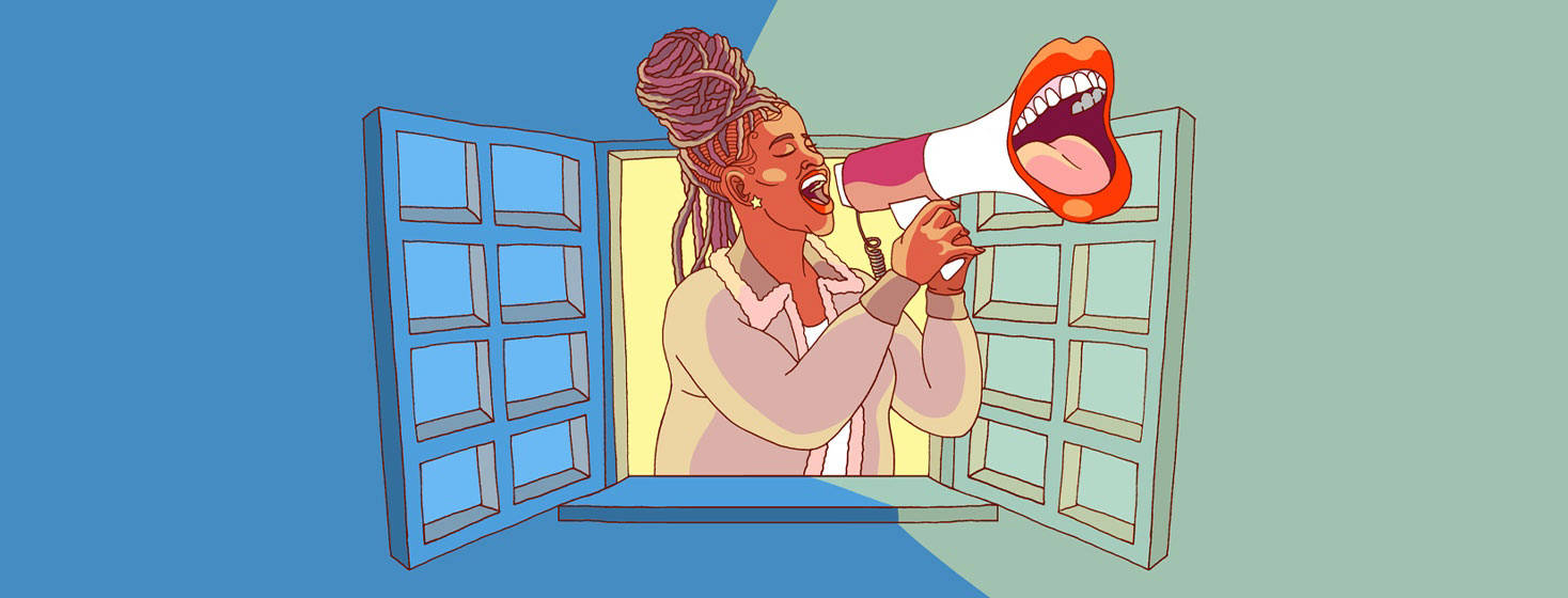 a woman shouting of a window with a bullhorn