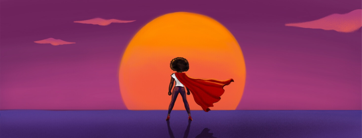 A black woman with a red cape faces the sun.