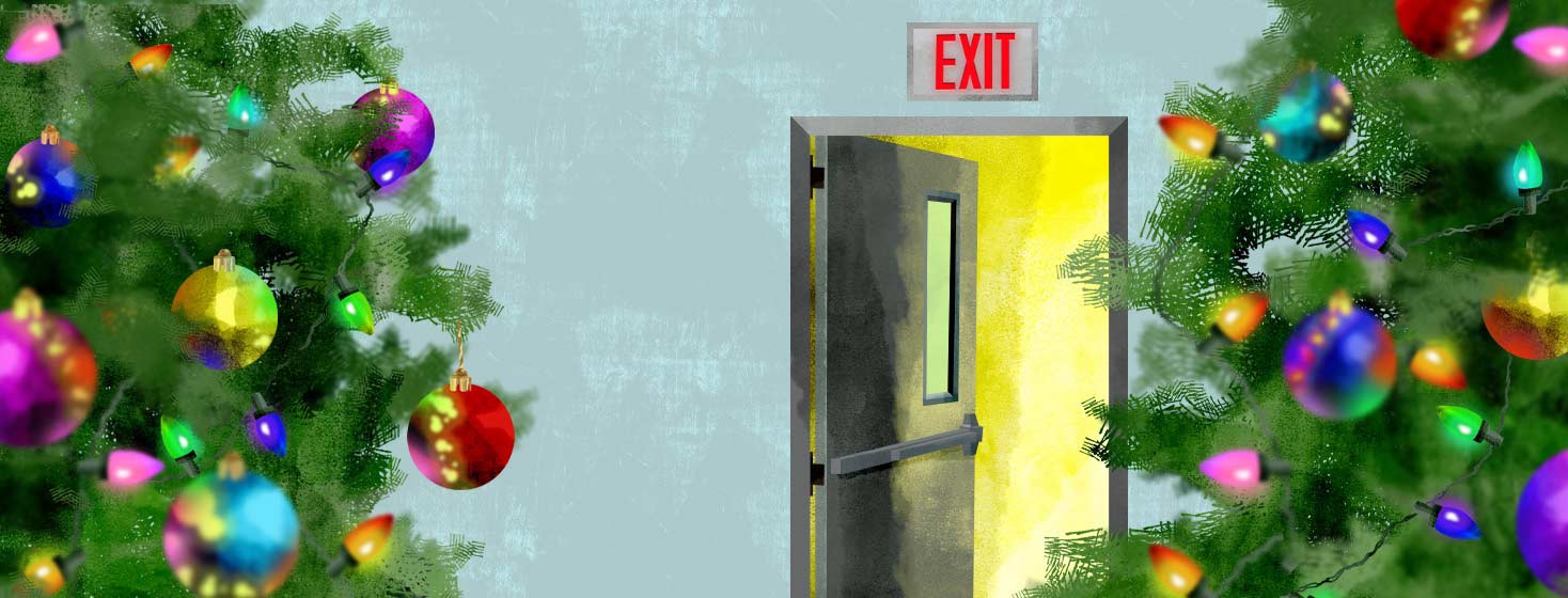 an exit door with holiday decor in the foreground. tips for attending in-person safely hiv