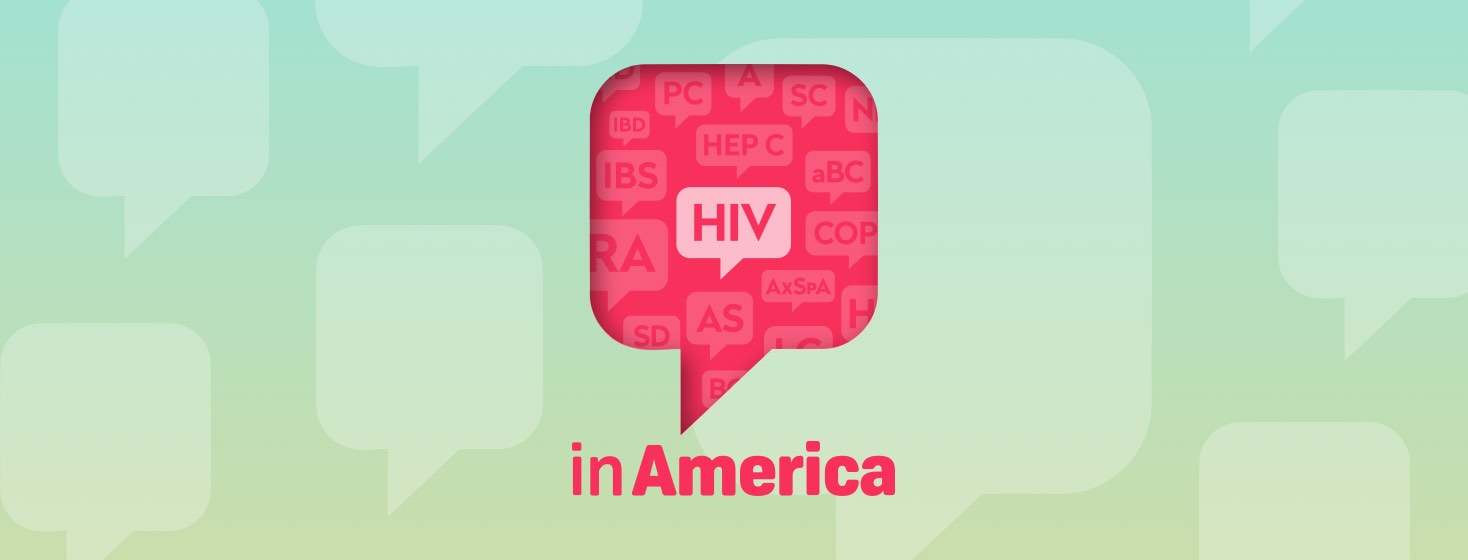 A speech bubble highlighting the H I V logo above the words In America, surrounded by a fainter word cloud of logos for other Health Union websites.