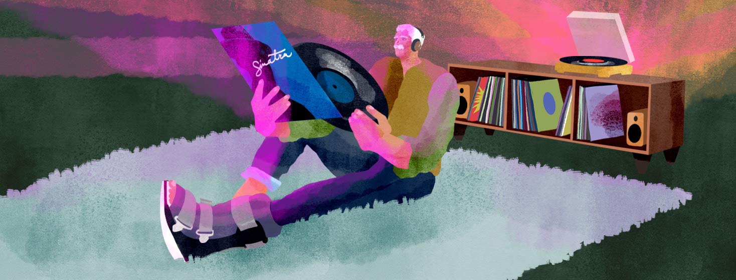 a man listens to records in an ankle boot. worried about being a burden HIV