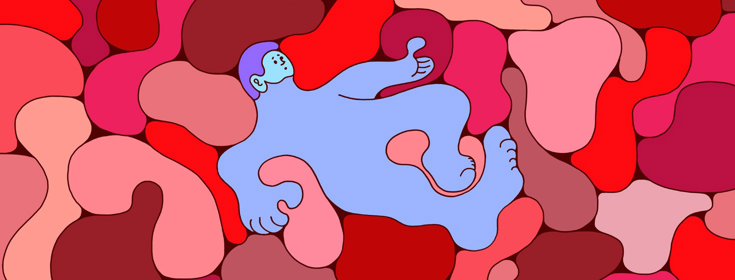 colorful blob shapes push a character into place - a metaphor for HIV shaping their life.