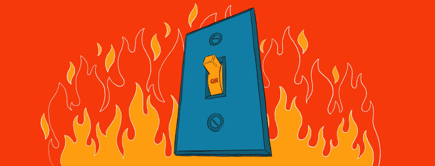 a light switch with fire flames, a metaphor for turning off anger issues related to HIV diagnosis