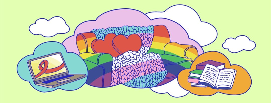 A rainbow couch with heart cushions and a blanket in trans pride flag colors rests inside a cloud, while two other clouds show a stack of books and a computer with a HIV awareness ribbon.