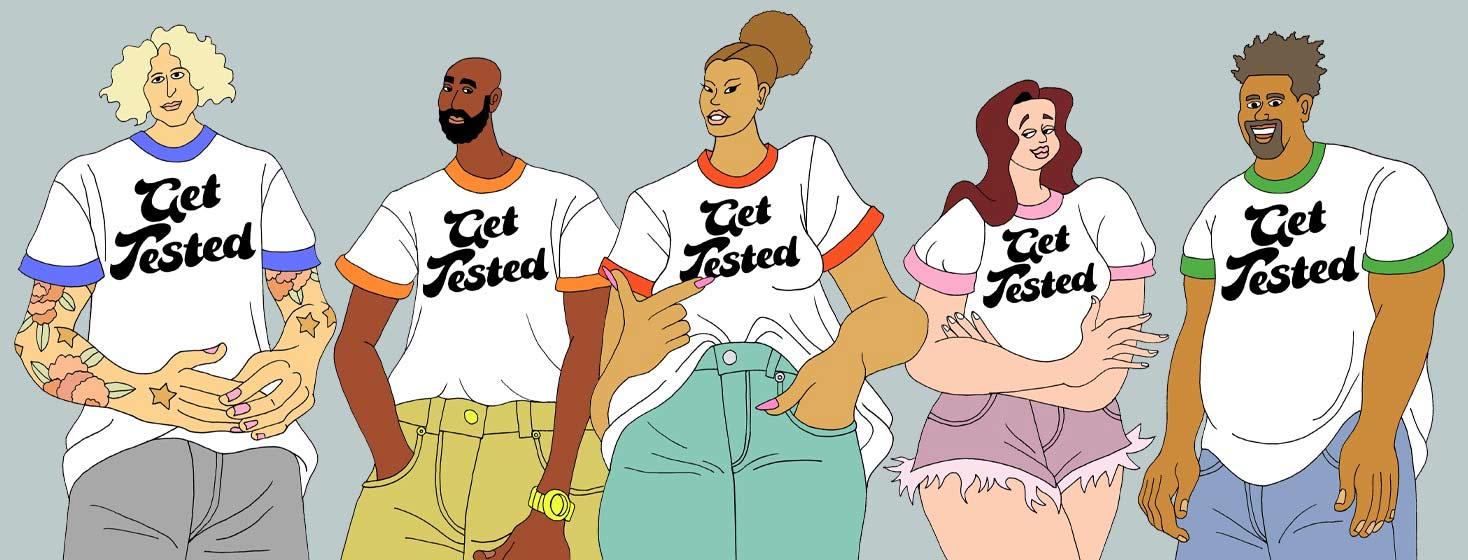 a diverse group of people wearing t shirts that read "GET TESTED"