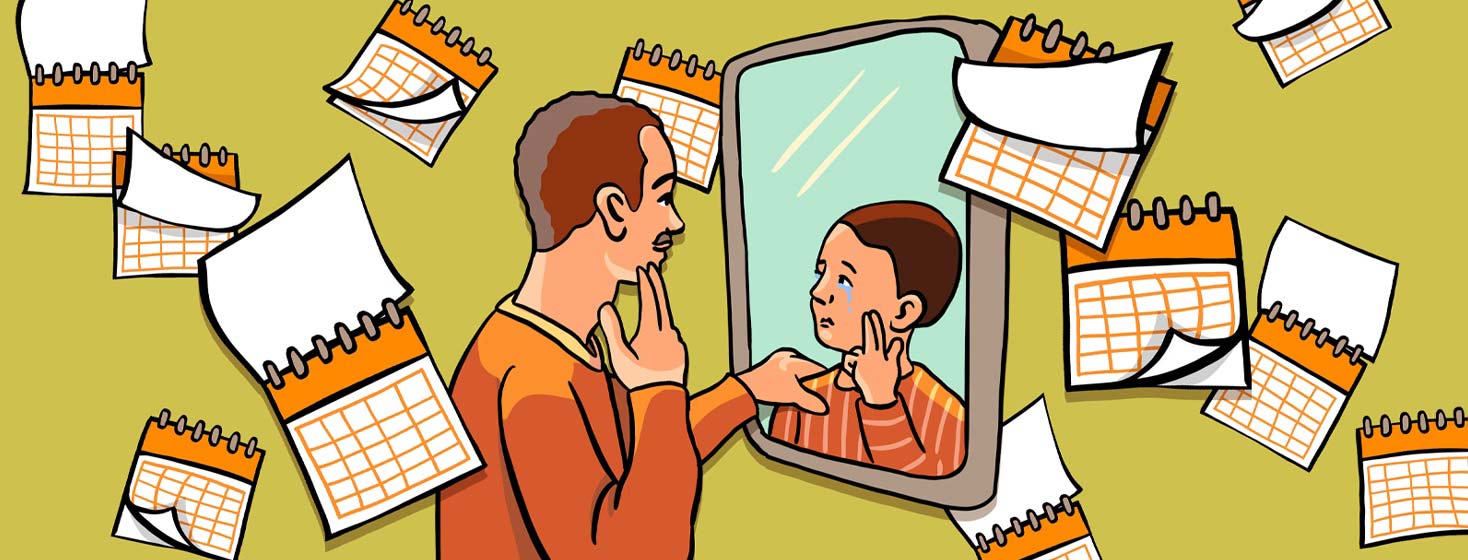 a man sees his younger self in the mirror