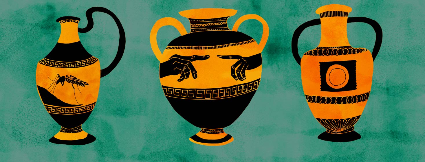 ancient Greek urns with images of myths showing a mosquito, hands almost touching, and a condom
