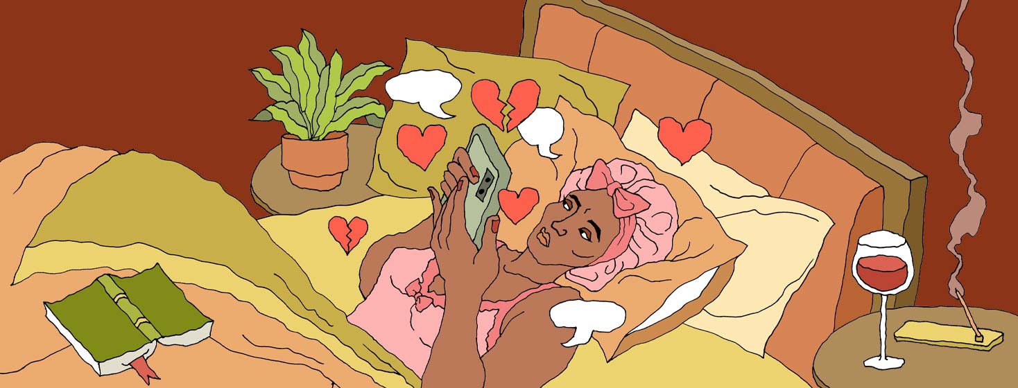 a woman casually resting in bed using dating apps