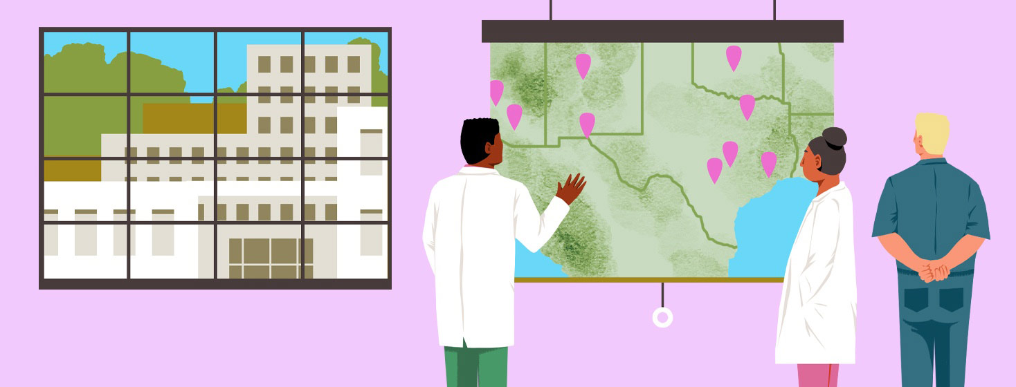 doctors surround a map pointing out where to get HIV care