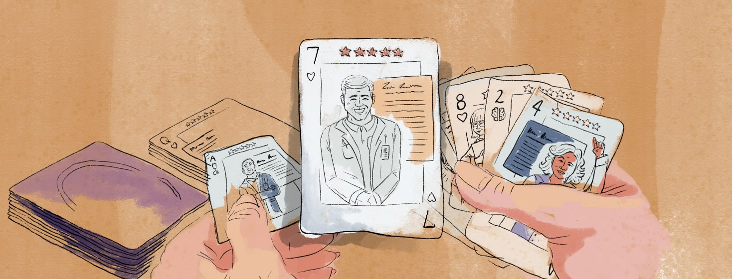 Two hands hold a stack of playing cards showing different healthcare providers and their ratings.