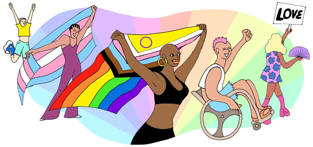 a diverse group of people celebrate waving various pride flags including the progress pride flag and trans flag