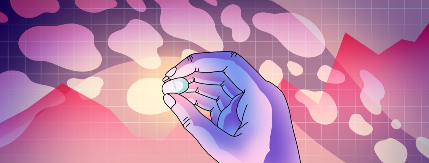 A hand holds a pill, with an abstract representation of cholesterol being cleared from a blood vessel and a chart in the background.