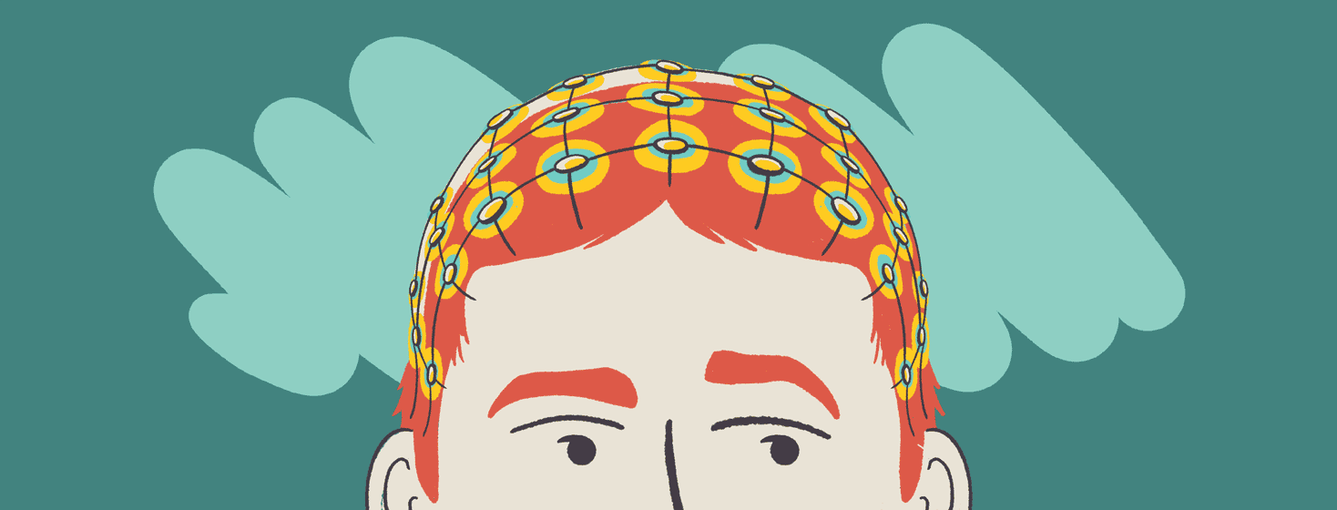 A close up of a person's eyes and head who is wearing an EEG electrode cap.