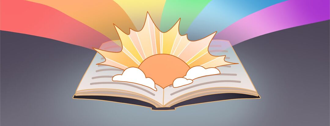 A book opens to reveal a rising sun with rainbow rays emanating from it.