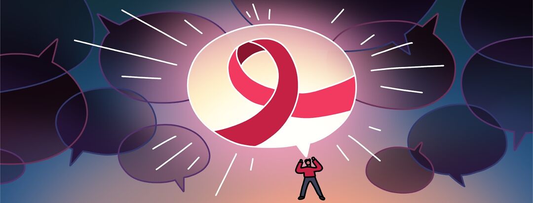 Surrounded by dark speech bubbles, a person speaks out and creates a brightly glowing speech bubble with the HIV awareness ribbon, pushing the darkness away.