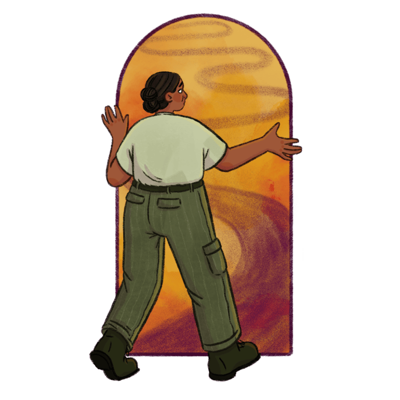 A woman looks through a door with a path leading into the distance.