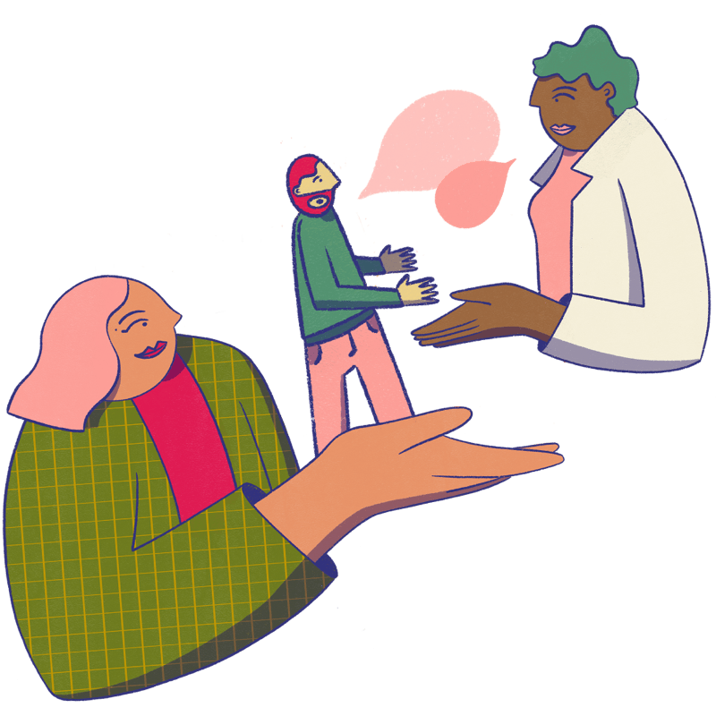 A woman holds up a man who is speaking to a doctor.