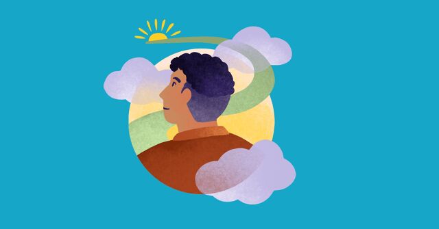 A man looks through clouds to see a sunny path