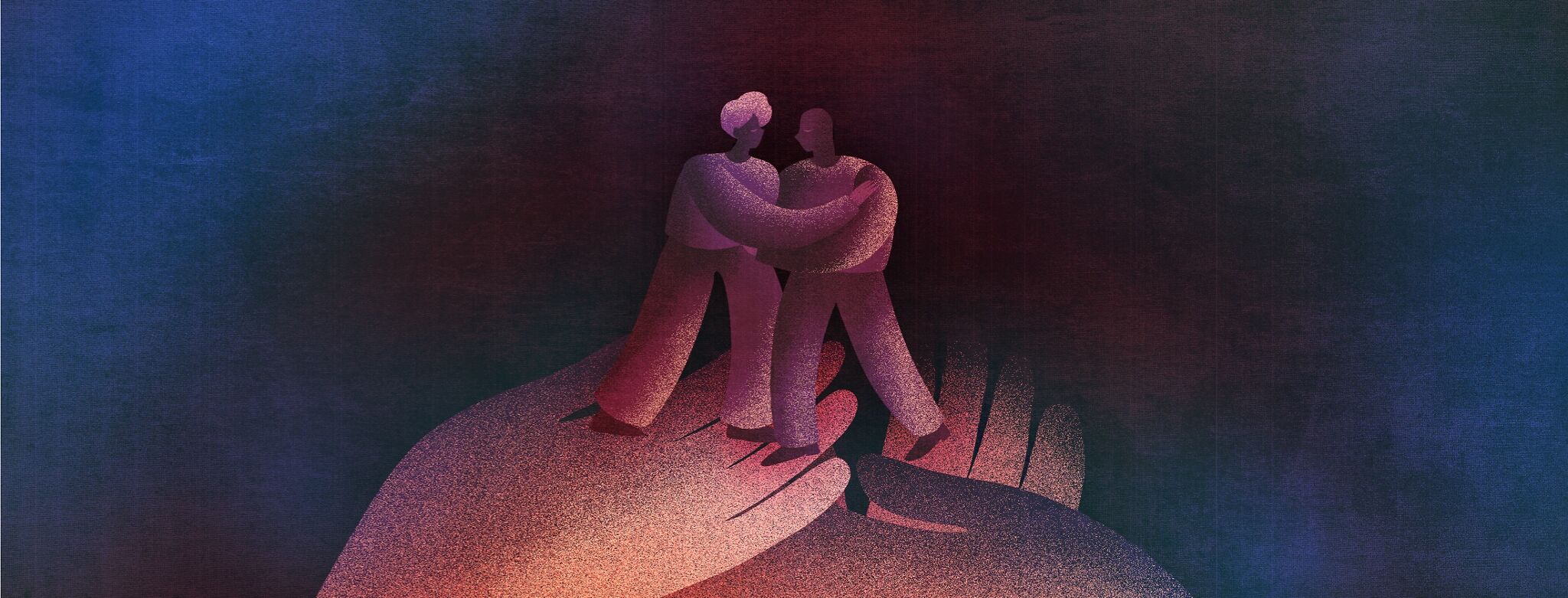 A couple standing in a close embrace on the open palms of a large pair of cupped hands, a warm glow lighting them against a dark, grainy background, the hands cradling them like something precious, capturing the tenderness of caring for a partner through serious illness and the support that holds two people together through an uncertain future